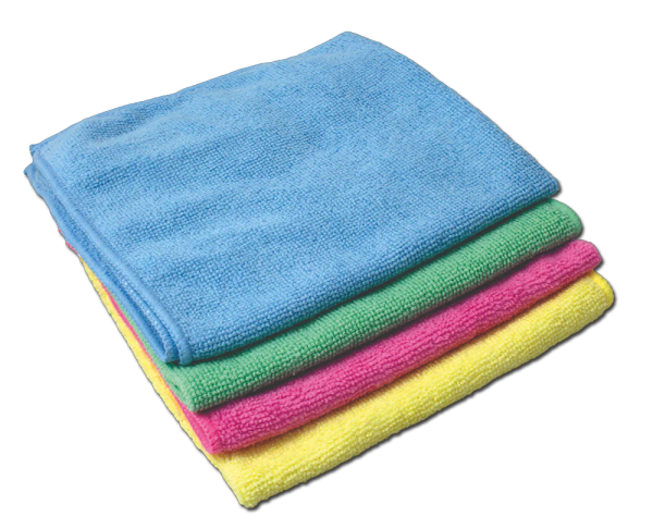 Microfibre Cloths in four colours, Red, Blue, Green and Yellow.