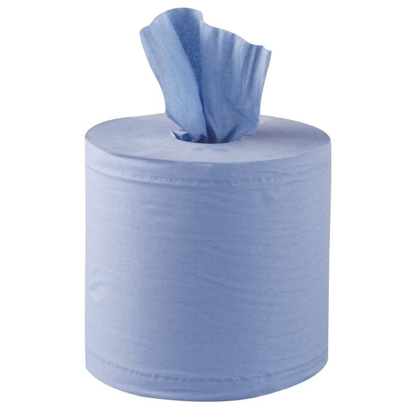 6x 80m PACK 2 PLY BLUE EMBOSSED CENTRE FEED PAPER WIPE ROLLS 