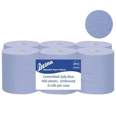 1027 Centrefeed Rolls 2ply Blue 400 sheets per roll 6 Pack