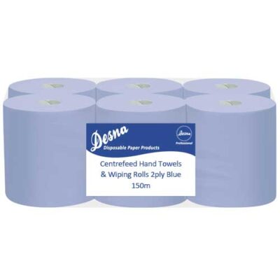 Catering Blue Centrefeed Rolls 2ply 150m Flat Sheet 6 Pack for wiping or drying
