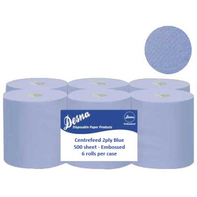 Embossed Blue Centrefeed Rolls 2ply 500 sheet 6pk