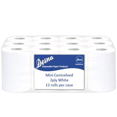 60m mini centrefeed in white with 12 rolls per case.