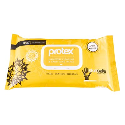 Protex sanitising wipes are effective and efficient at disinfecting a variety of surfaces.  They are proven to have a 99.999% kill rate against several types of bacteria and viruses