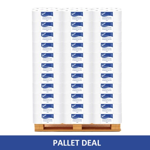 77 Cases of 150m 2ply White centrefeed wiping rolls and hand towel, bulk buy our pallet deal