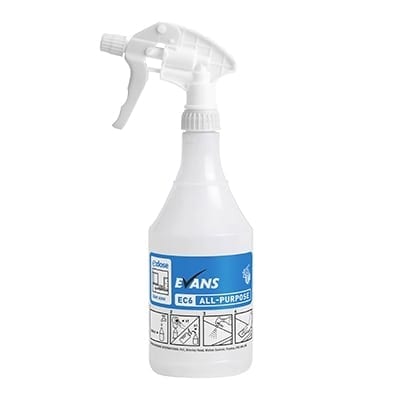 Evans EC6 All Purpose Cleaner Spray Bottle. For use with ready made up solution EC4 Sanitiser. Pre-printed bottle, showing dilution & usage. Trigger comes with jet spray head