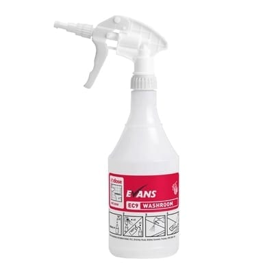 Evans EC9 Washroom Cleaner Spray Bottle is for use with ready made up solution of Red Zone. Pre-printed bottle, showing dilution & usage. Red Zone trigger comes with foaming head