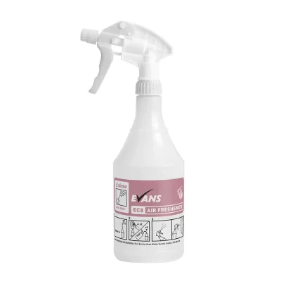 For use with ready made up solution of EC8 Air Freshener. Pre-Printed Colour-Coded Bottle. Shows Dilution Rate and Usage. Comes with Adjustable Jet Spray Head