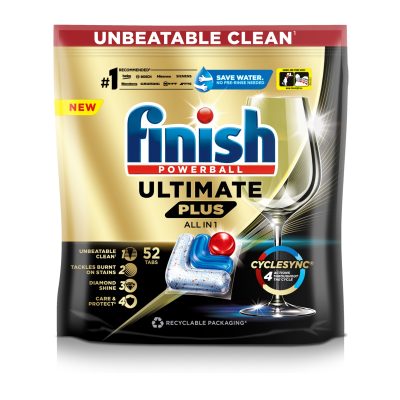 Finish Ultimate dishwasher tablets, provides ultimate clean on your dishes and glasses, first time every time. Activelift Technology Targets stubborn 24H Dried-on Stains, without the need to pre-rinse. Provides an Ultimate cleaning experience for your dishes and gives you a diamond shine. Cleans dishes without pre-rinsing! 