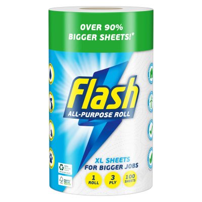 Flash All-Purpose Kitchen Rolls. 3ply, 100 sheets per roll with 12 rolls per pack