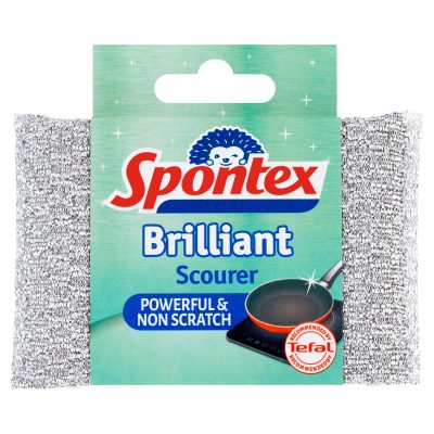 The Spontex Brilliant Scourer is a non-scratch scourer pad that is designed to be efficient at removing stubborn burnt-on stains from pots and pans without causing any damage to the surfaces.