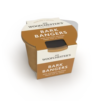 5 Mini Chicken Sausage Treats. Replicates Human Dishes - But As A Treat! Unique Paperboard Pot Packaging