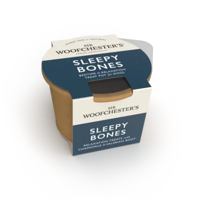 Sleepy Bones Treat Pot. 30 x 47kg convenient Packs. Bedtime & relaxation treats with chamomile & valerian root. Unique Paperboard Pot Packaging
